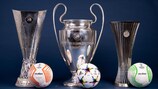 Os troféus da UEFA Europa League, da UEFA Champions League e da UEFA Europa Conference League (da esquerda para a direita)