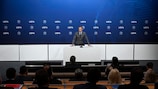 O Presidente da UEFA, Aleksander Čeferin, discursou na segunda Convenção sobre o Futuro do Futebol Europeu que teve lugar na Casa do Futebol Europeu em Nyon, na Suíça