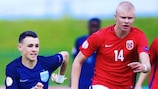 England's Phil Foden and Norway's Erling Haaland competing at a UEFA Under-16 development tournament