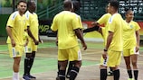Denmark striker Martin Braithwaite (far left) traveled to Guyana with the Danish Football Association
