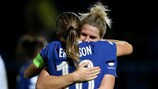 KINGSTON UPON THAMES, ENGLAND - NOVEMBER 23: Millie Bright #4 of Chelsea FC Women celebrate victory with team mate  Magdalena Eriksson after the UEFA Women's Champions League group A match between Chelsea FC and Real Madrid at Kingsmeadow on November 23, 2022 in Kingston upon Thames, England. (Photo by Steve Bardens - UEFA/UEFA via Getty Images)