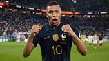 Kylian Mbappé celebrates after his two goals helped France beat Denmark
