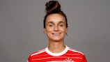 MUNICH, GERMANY - OCTOBER 14: Lina Magull of FC Bayern München poses for a photo during the FC Bayern München UEFA Women's Champions League Portrait session on October 14, 2022 in Munich, Germany. (Photo by Simon Hofmann - UEFA/UEFA via Getty Images)