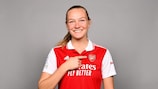 LONDON, ENGLAND - OCTOBER 17: Frida Maanum of Arsenal FC poses for a photo during the Arsenal FC UEFA Women's Champions League Portrait session on October 17, 2022 in London, England. (Photo by Dan Mullan - UEFA/UEFA via Getty Images)