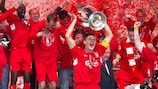 Liverpool captain Steven Gerrard lifts the UEFA Champions League trophy following the Reds' stunning win in the 2005 final in Istanbul 