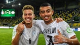  Israel's El Yam Kancepolsky (l) and Or Alon Israelov (r) after their side's victory in the 2022 UEFA European Under-19 Championship semi-final against France 