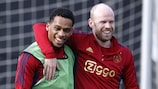 Ajax team-mates Jurrien Timber and Davy Klaassen share a joke in training on Wednesday