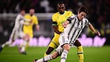 Juventus' Italian midfielder Nicolo Fagioli (R) outruns Nantes' DR Congo's defender Samuel Moutoussamy during the UEFA Europa League round of 32, first leg football match between Juventus FC and FC Nantes, on February 16, 2023 at the Juventus stadium in Turin. (Photo by Marco BERTORELLO / AFP) (Photo by MARCO BERTORELLO/AFP via Getty Images)