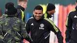 Casemiro in the thick of it during Man United's pre-match training session