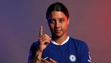 Sam Kerr indicates her preferred direction of travel for Chelsea