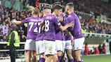 L'esultanza dei giocatori della Fiorentina dopo il gol di Antonin Barak alla al Sivasspor