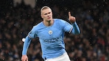 Manchester City's Erling Haaland celebrates the first of his five goals against Leipzig 