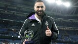 Karim Benzema with his award after Real Madrid beat Liverpool