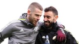   David De Gea and Bruno Fernandes at Man United's Wednesday morning training session