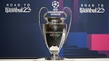 The Champions League trophy displayed ahead of the draw in Nyon