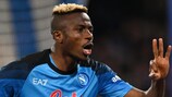 NAPLES, ITALY - MARCH 15: Victor Osimhen of SSC Napoli celebrates after scoring the team's first goal during the UEFA Champions League round of 16 leg two match between SSC Napoli and Eintracht Frankfurt at Stadio Diego Armando Maradona on March 15, 2023 in Naples, Italy. (Photo by Francesco Pecoraro/Getty Images)
