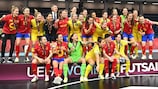 DEBRECEN, HUNGARY - MARCH 19: Spain players celebrate with the trophy after their side's victory in the UEFA Women's Futsal EURO 2023 Final match between Ukraine and Spain at the Főnix Arena on March 19, 2023 in Debrecen, Hungary. (Photo by Eóin Noonan - Sportsfile/UEFA)