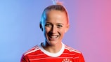 MUNICH, GERMANY - OCTOBER 14: Lea Schuller of FC Bayern München poses for a photo during the FC Bayern München UEFA Women's Champions League Portrait session on October 14, 2022 in Munich, Germany. (Photo by Christian Hofer - UEFA/UEFA via Getty Images)
