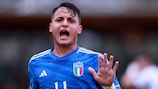 L'esultanza di Luca d'Andrea nella vittoria fondamentale dell'Italia per 3-2 sulla Germania