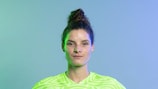 WOLFSBURG, GERMANY - SEPTEMBER 27: Dominique Janssen of VfL Wolfsburg  poses for a photo during the VfL Wolfsburg UEFA Women's Champions League Portrait session at AOK-Stadion on September 27, 2022 in Wolfsburg, Germany. (Photo by Alexander Scheuber - UEFA/UEFA via Getty Images)