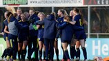 Sweden celebrate the win against the Netherlands that took them to their first WU17 EURO finals in ten years