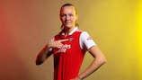LONDON, ENGLAND - OCTOBER 17: Frida Maanum of Arsenal FC poses for a photo during the Arsenal FC UEFA Women's Champions League Portrait session on October 17, 2022 in London, England. (Photo by Christopher Lee - UEFA/UEFA via Getty Images)