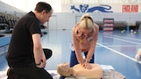 Alex Greenwood of England takes part in a CPR training session at St Georges Park on April 04, 2023.