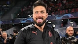 Olivier Giroud celebrates after Milan's quarter-final victory in Naples