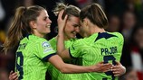 Alexandra Popp (C) celebrates Wolfsburg's extra-time win in north London