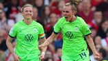Jill Roord celebrates scoring Wolfsburg's first goal against Arsenal in the semi-final second leg