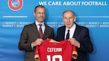 UEFA President Aleksander Ceferin (L) with  Football Association of Serbia President Dragan Džajić