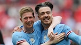 Kevin De Bruyne (left) and Jack Grealish following Man City's FA Cup final win against Man United