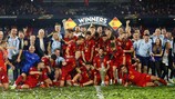 ROTTERDAM, NETHERLANDS - JUNE 18: Players and staff of Spain celebrate with the UEFA Nations League trophy after the team's victory in the UEFA Nations League 2022/23 final match between Croatia and Spain at De Kuip on June 18, 2023 in Rotterdam, Netherlands. (Photo by Dean Mouhtaropoulos - UEFA/UEFA via Getty Images)