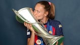 Barcelona's Caroline Graham Hansen kisses the trophy after  the UEFA Women's Champions League final