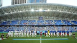 The teams line up before kick-off in Batumi
