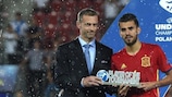 Spain's Dani Ceballos receives his Player of the Tournament award from UEFA President Aleksander Čeferin