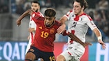 Spain's Lamine Yamal in action on his international debut