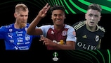 KÍ Klaksvik's Odmar Færø, Aston Villa's Ollie Watkins and Čukarički's Nikola Stanković