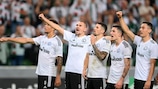 Legia Warszawa players celebrate after beating Aston Villa in the UEFA Europa Conference League