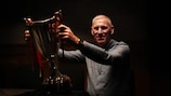 Aberdeen fan Malcolm Pirie with the club's UEFA Cup Winners' Cup trophy, taking part in the Scottish FA's  Football Memories initiative