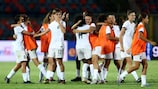 Holders France celebrate scoring against Italy in a 4-3 win that clinched Group A3 first place, sealed with a late goal by 2022/23 squad member Ornella Graziani