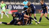 Paris FC celebrate their clinching goal against Wolfsburg