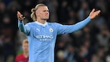 Erling Haaland rallies the crowd after scoring Manchester City's first goal against Leipzig on Matchday 5