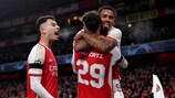LONDON, ENGLAND - NOVEMBER 29: Kai Havertz of Arsenal (hidden) celebrates with teammates Gabriel Martinelli and Gabriel Jesus of Arsenal after scoring the team's first goal during the UEFA Champions League match between Arsenal FC and RC Lens at Emirates Stadium on November 29, 2023 in London, England. (Photo by David Price/Arsenal FC via Getty Images)