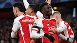 Bukayo Saka celebrates during Arsenal's first-half display against Lens