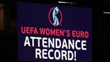 The big screen displays the breaking of the single-match attendance record in the opening game of Women's EURO 2022