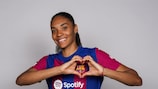 BARCELONA, SPAIN - OCTOBER 11: Salma Paralluelo of FC Barcelona poses for a photo during the UEFA Women's Champions League official portrait shoot  at Estadi Johan Cruyff on October 11, 2023 in Barcelona, Spain. (Photo by Aitor Alcalde - UEFA/UEFA via Getty Images)
