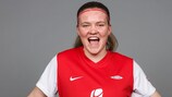 BERGEN, NORWAY - NOVEMBER 07: Signe Gaupset of SK Brann poses for a portrait during the UEFA Women's Champions League Official Portraits shoot at  on November 07, 2023 in Bergen, Norway. (Photo by Jan Kruger - UEFA/UEFA via Getty Images)