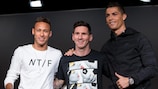Três históricos da Champions League: Neymar, Lionel Messi e  Cristiano Ronaldo
