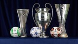Les trophées de l'UEFA Europa Conference League, de l'UEFA Champions League et de l'UEFA Europa League, ainsi que les ballons de match officiels respectifs des compétitions